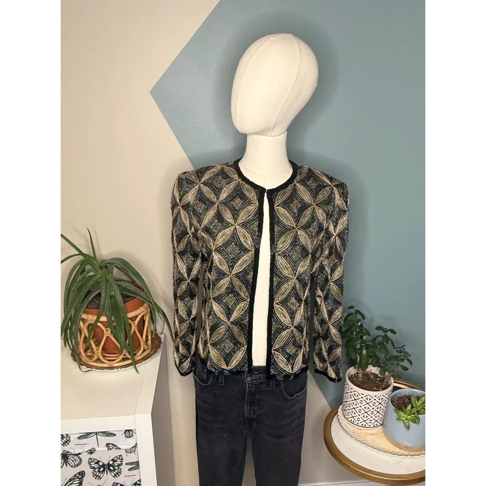 Papell Boutique Silk Beaded Art Deco Evening Jacket Black Gold Open Front Size S - Picture 2 of 13